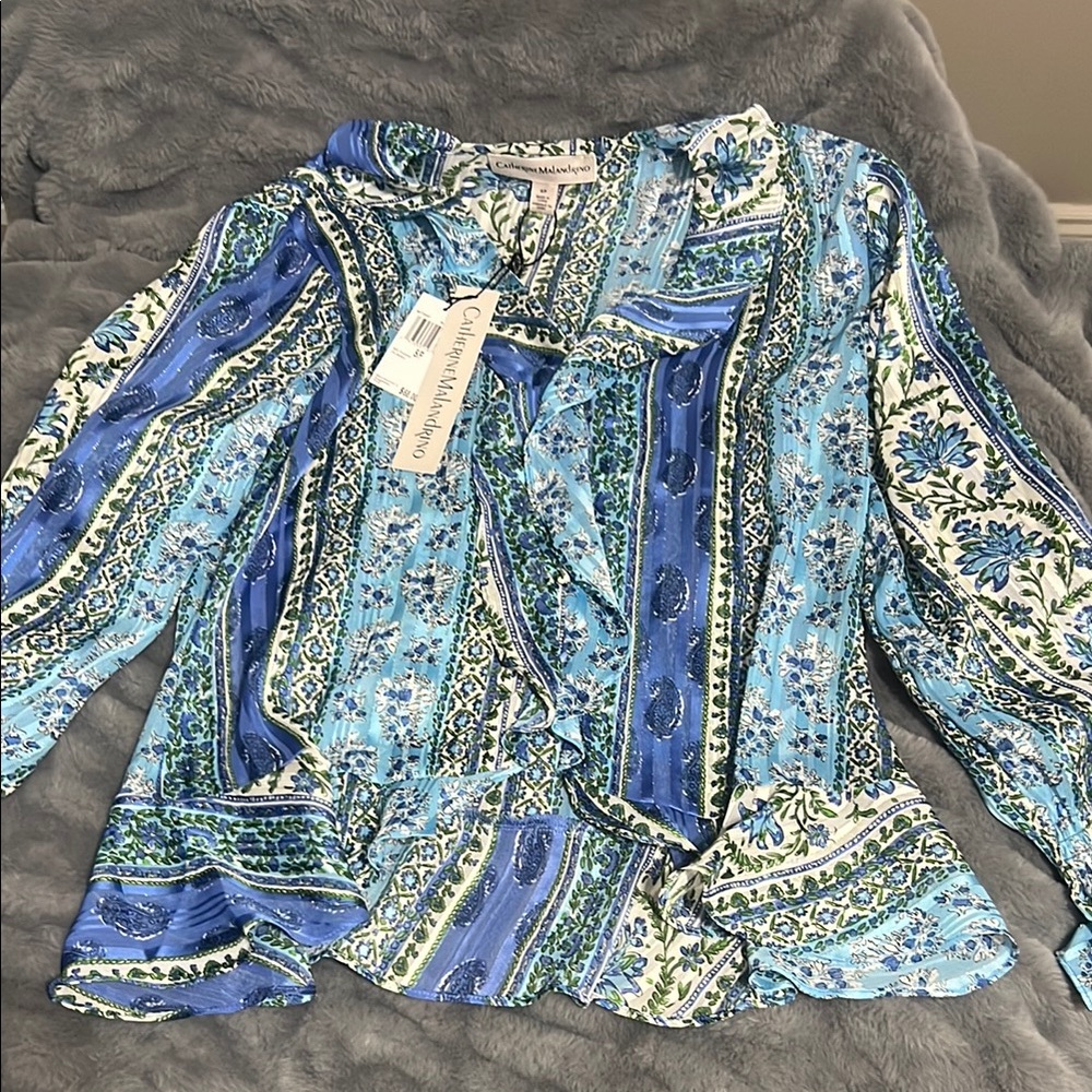 Catherine Malandrino Blue and White Ruffled V-Neck Blouse NWT retail $68